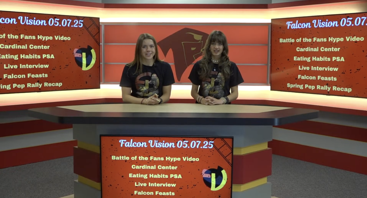 Katerina Wietfeldt and Catalina Baraya anchor this week's episode. This was the las show of the year for the second period Falcon Vision class. Photo courtesy of Chase Clabo.
